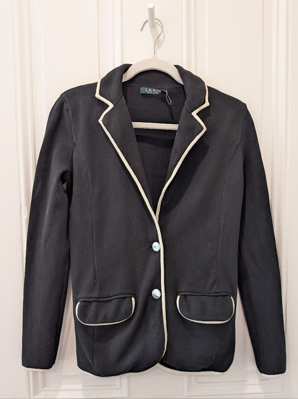 Vintage Ralph Lauren Lauren Sweater Blazer Black With White Piping | Xsmall